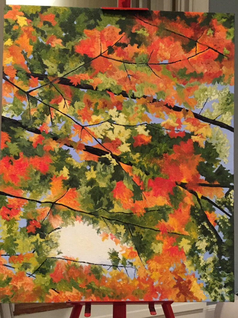 May include: A painting of a tree canopy with leaves in shades of green, yellow, orange, and red. The leaves are arranged in a random pattern, creating a sense of depth and movement. The sky is visible through the leaves, and the sun is shining through the branches.