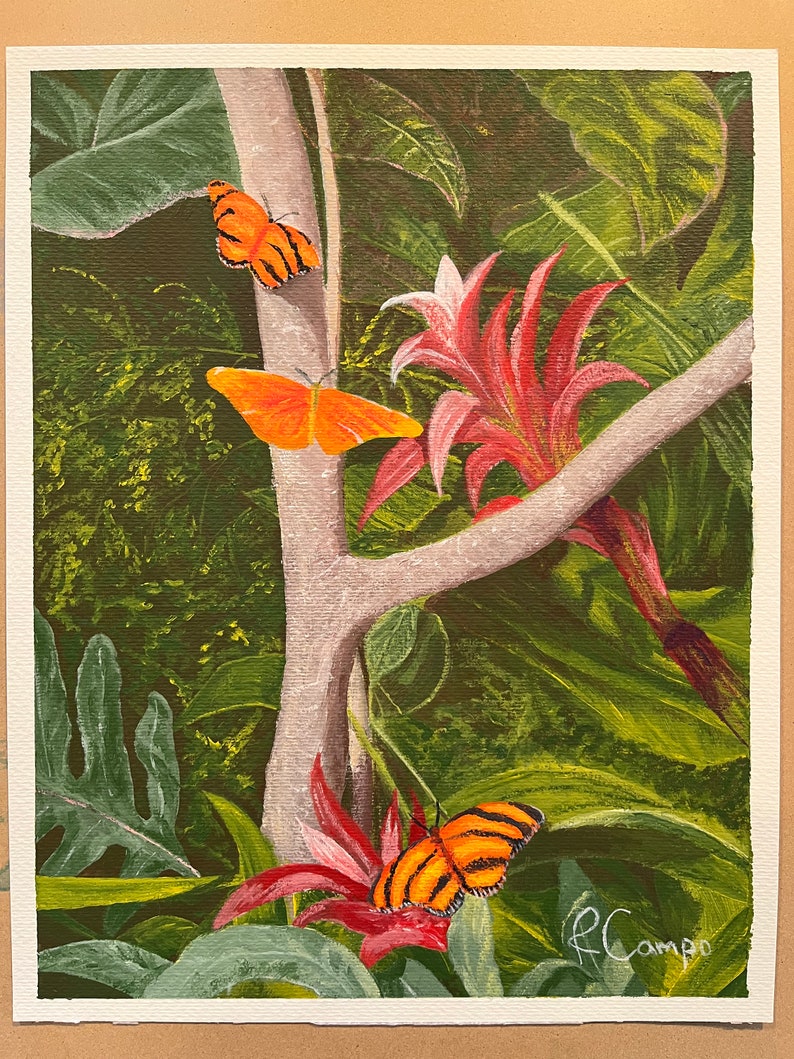 May include: A painting of a tropical jungle scene with three orange and black butterflies, a pink flower, and green leaves. The painting is signed "R. Campo" in the bottom right corner.