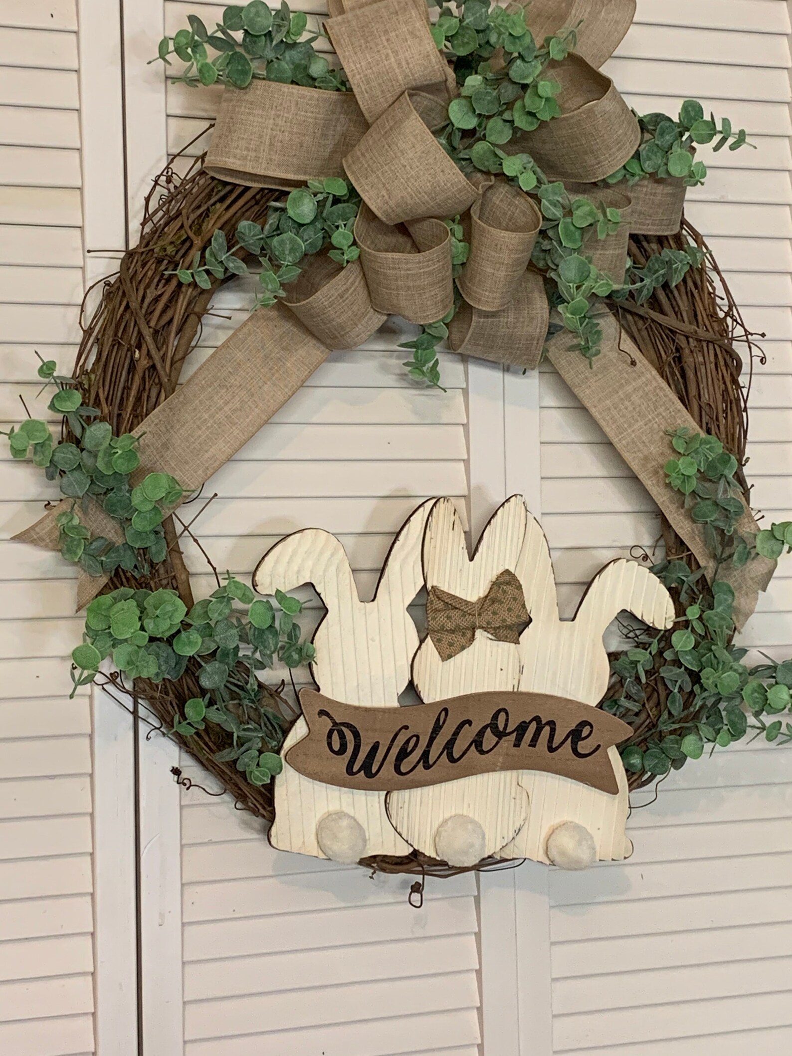 Partially Covered Welcome Bunny Grapevine Wreaths with Greenery Partially Covered Welcome Bunny Grapevine Wreaths with Greenery