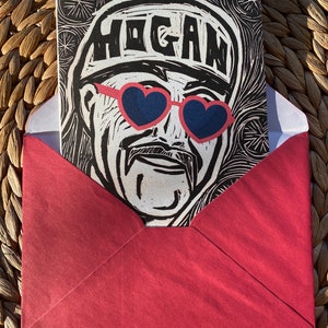 Tarjeta de San Valentín Hulkster in Love - Hulk Hogan - San Valentín divertido - Impresión Linograbado original - Hecho a mano - Corazones - Aniversario