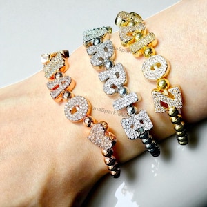Personalized Gold Bead Bangle Bracelet: Custom Name, Cubic Zirconia