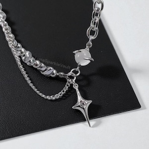 Silver Star Cat's Eye Necklace: Gothic Y2K Stainless Steel Punk Jewelry