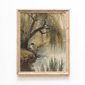 Vintage Willow Tree Watercolor Painting, Woman by River (Digital Download)