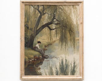 Vintage Willow Tree Watercolor Painting, Woman by River (Digital Download)