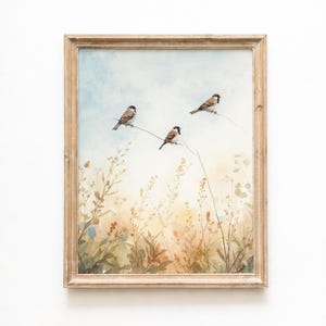 Watercolor Sparrow Print, Three Birds on Branch, Meadow Art (Digital Download)