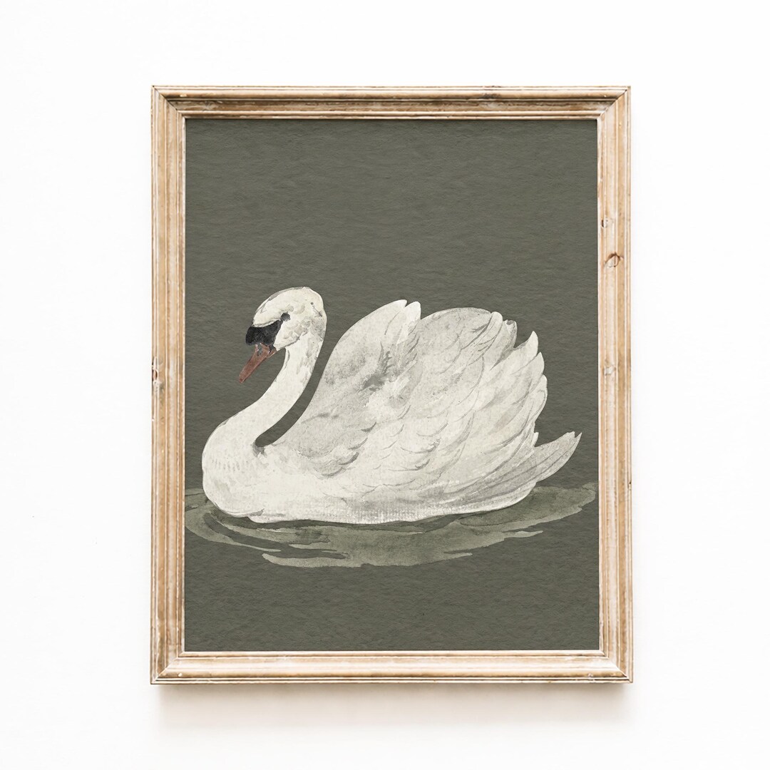 Vintage Swan Oil Painting Digital Download, White Swan on Lake Wall Art ...