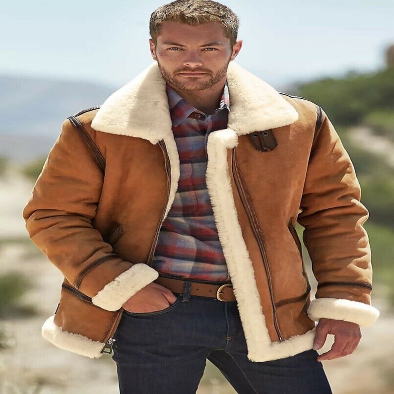 Men/'s Aviator Original Sheepskin Leather Shearling Bomber Flying Jacket Brown Jacket