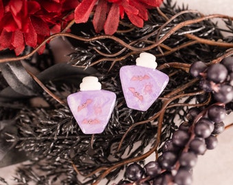 Halloween Stud Earrings - Purple Potion Bottle Earring - Bat Wing Potion - Handmade Polymer Clay Earrings