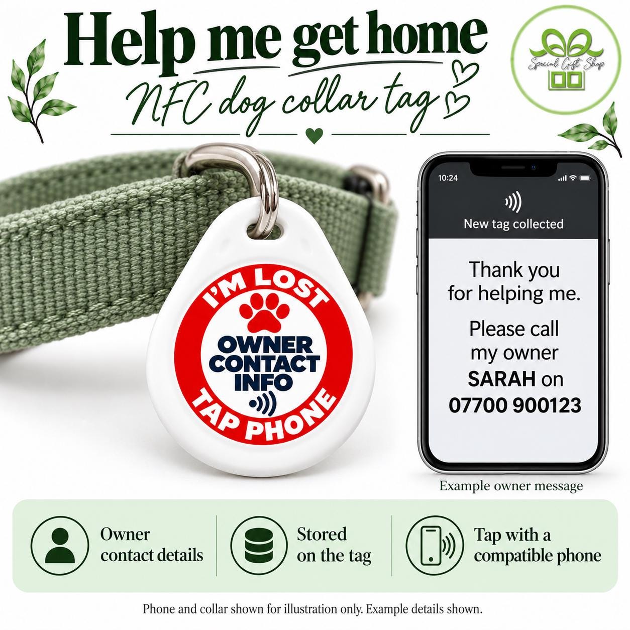 NFC Dog Collar Tag, I'm Lost Tap Phone Pet ID Tag, Owner Contact Information, Help Me Get Home