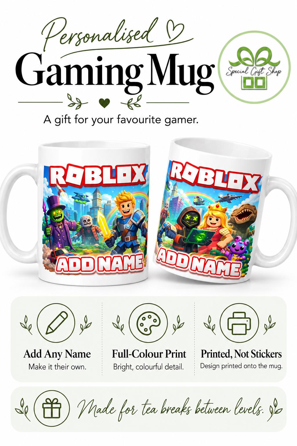 Personalised Roblox Gaming Mug, Custom Character Name Gift, Kids Birthday Present