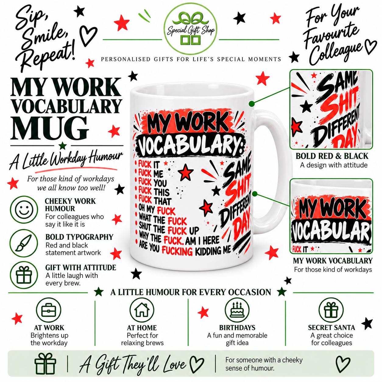 My Work Vocabulary Mug – Funny Swearing Mug, Rude Office Humour, Colleague Gift, Secret Santa Present