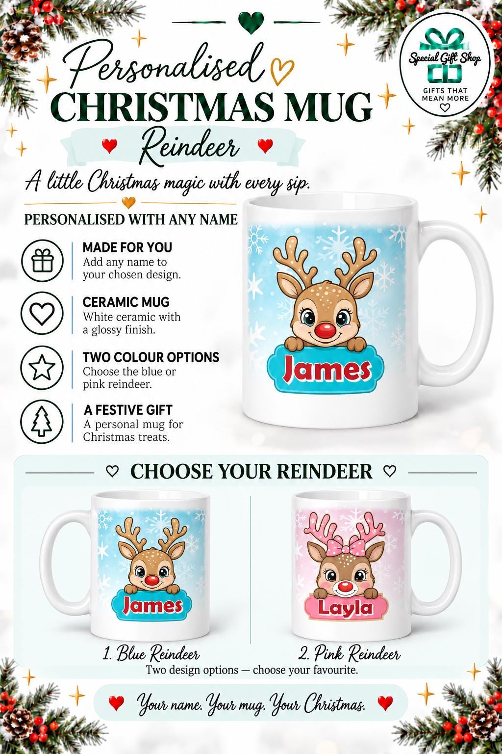 Personalised Reindeer Christmas Mug, Custom Name Ceramic Cup, Blue or Pink Design, Kids Christmas Gift, Hot Chocolate Mug