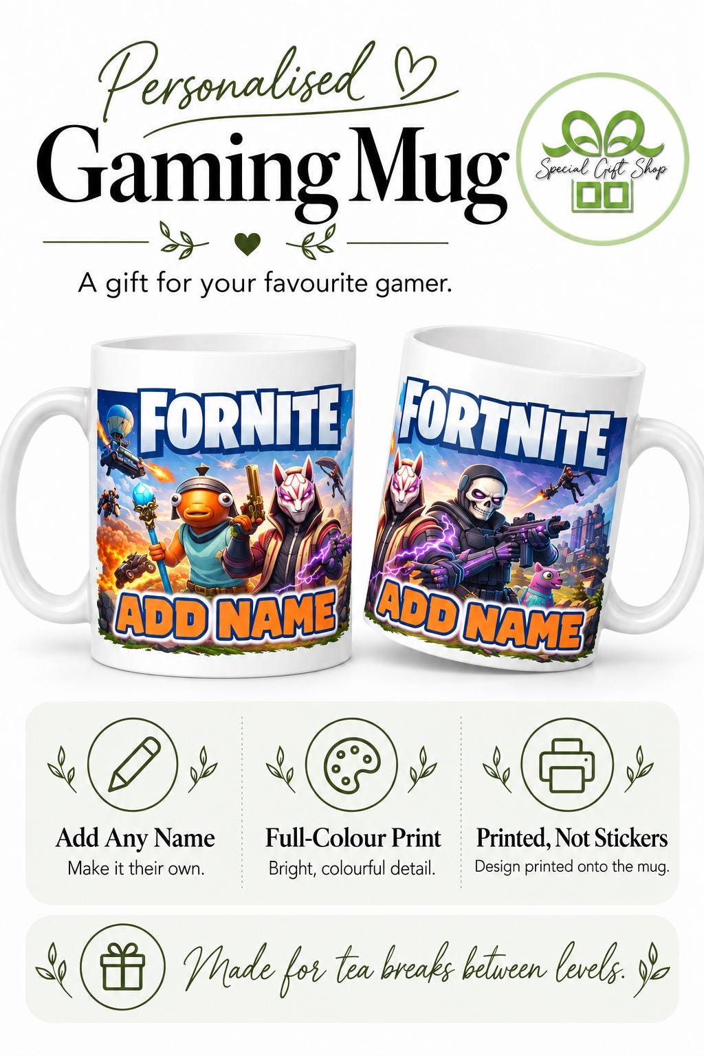 Personalised Gaming Mug, Custom Battle Royale Cup, Kids Gamer Gift (Orange)