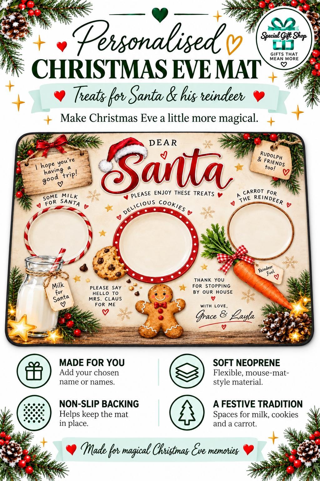 Personalised Christmas Eve Mat, Santa Treat Placemat, Custom Name Neoprene Mat, Milk and Cookies Mat, Christmas Eve Box Gift