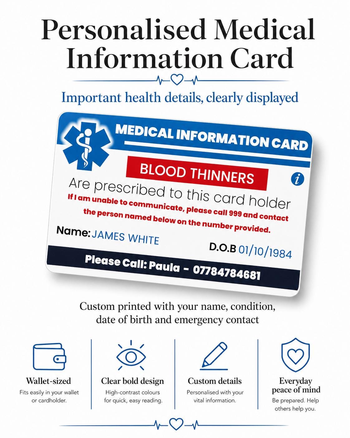 Custom Medical Alert PVC Card - Emergency Contact