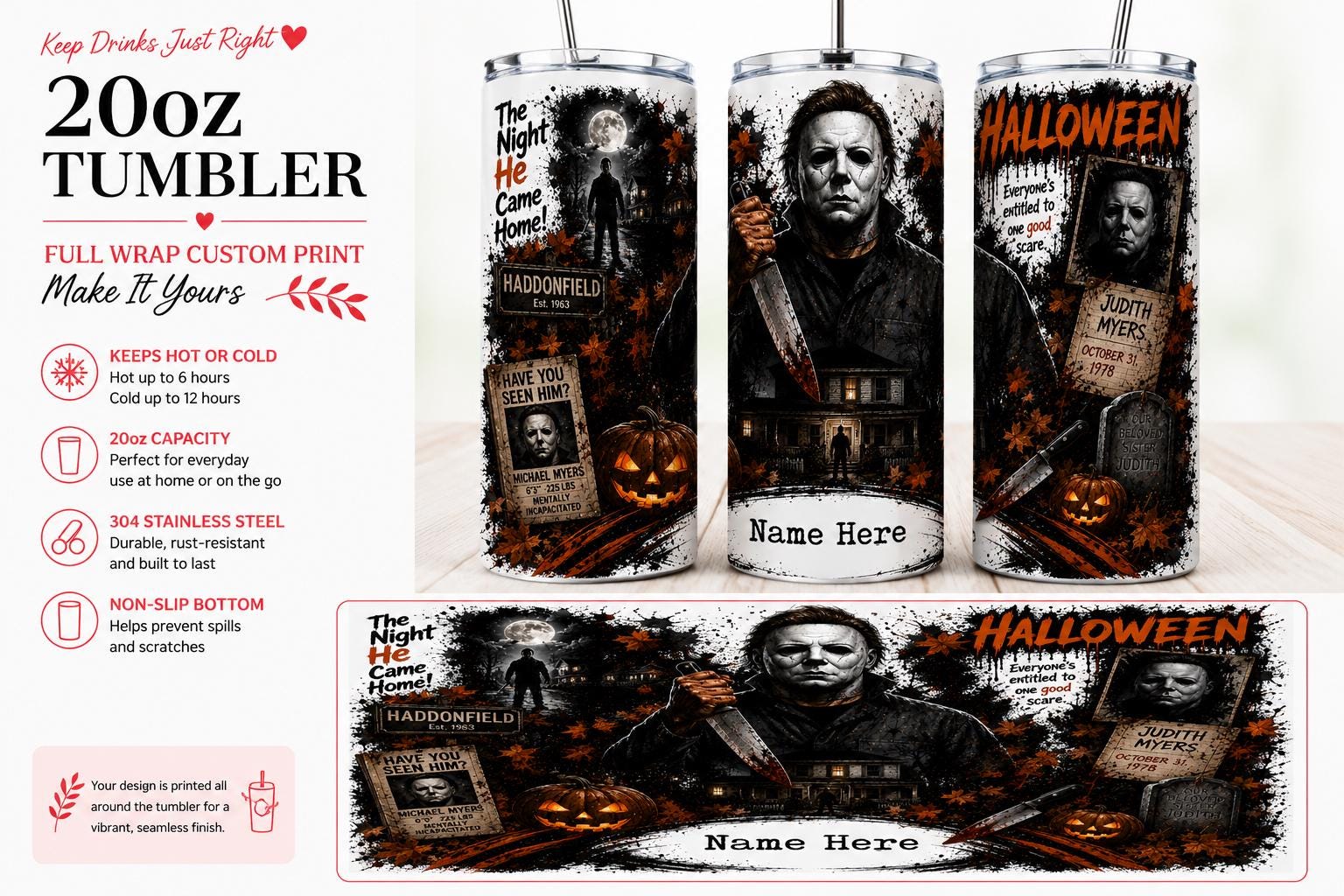 Personalised 20oz Halloween Horror Tumbler – Full Wrap Custom Name Travel Cup
