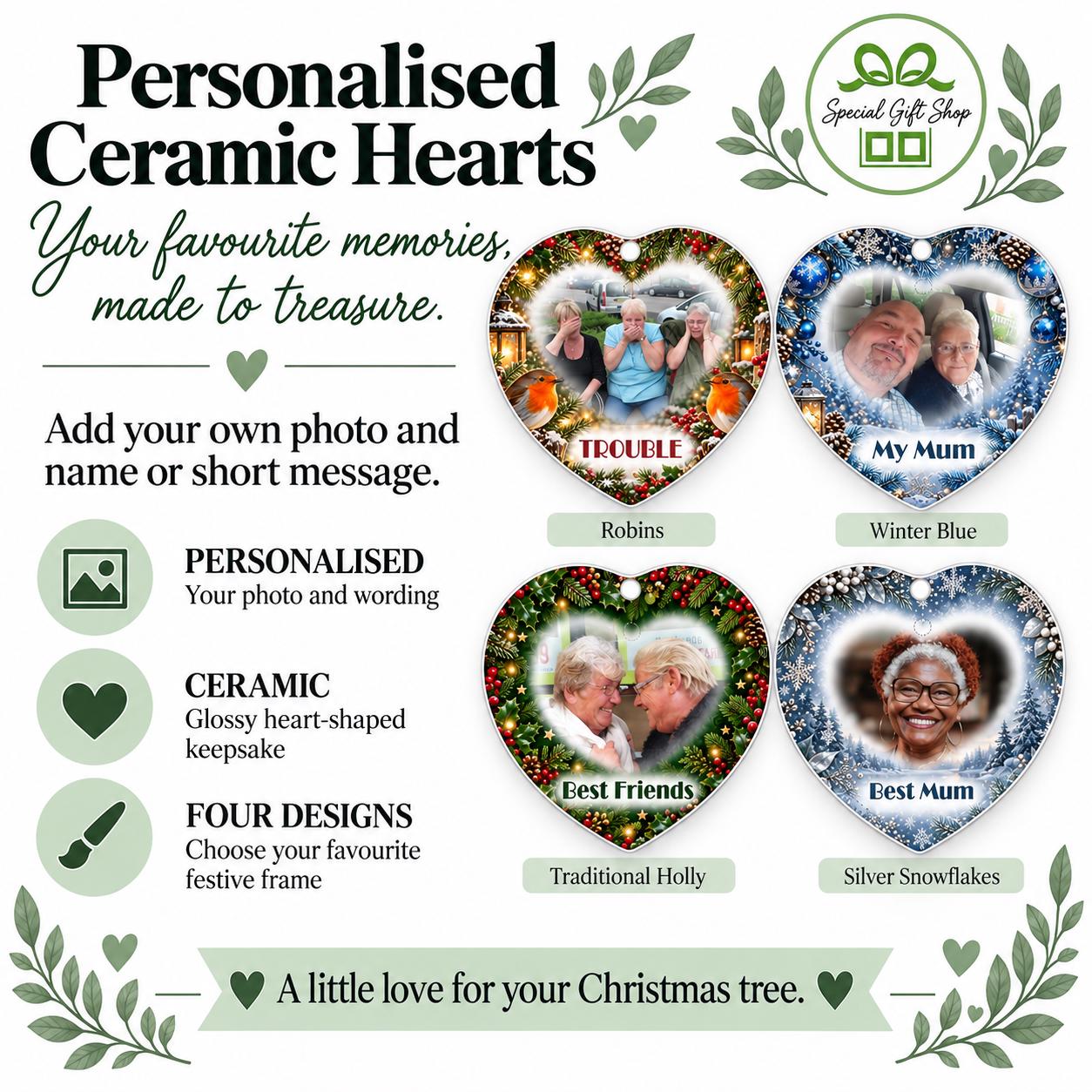 Personalised Photo Heart Ornament, Ceramic Christmas Decoration with Name, Family Photo Keepsake, Memorial Christmas Gift