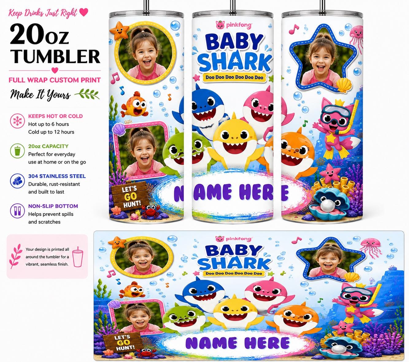 Personalised 20oz Baby Shark Tumbler – Add Name & 3 Photos – Full Wrap Travel Cup