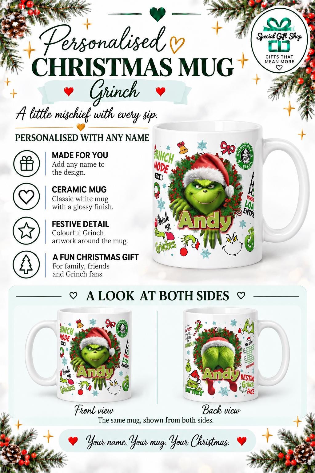Personalised Grinch Christmas Mug, Custom Name Ceramic Cup, Funny Festive Gift, Secret Santa Present for Grinch Fans