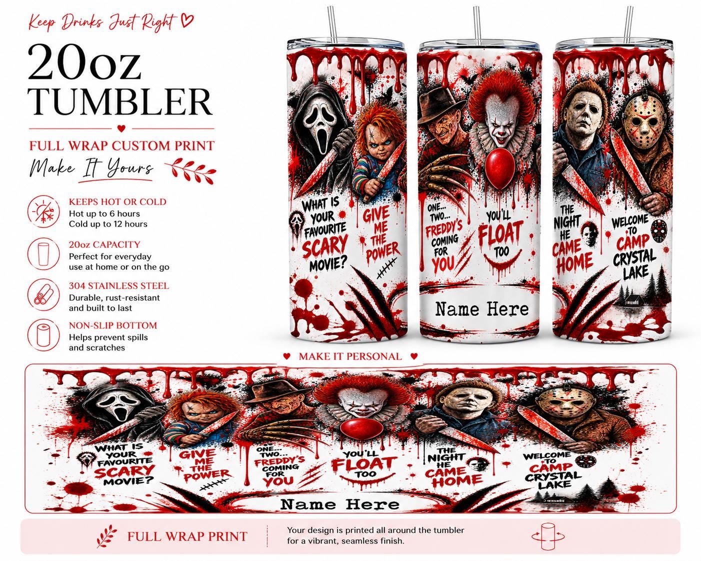 Personalised 20oz Horror Movie Villains Tumbler – Full Wrap Custom Name Travel Cup
