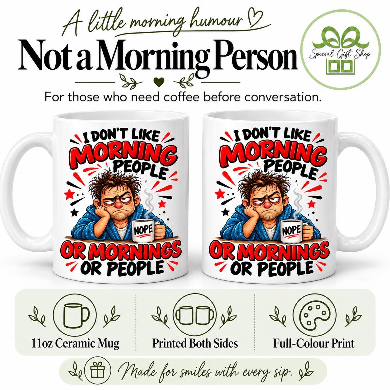 I Don't Like Morning People Mug, Funny Grumpy Man Coffee Cup, Not a Morning Person Gift, Sarcastic 11oz Ceramic Mug