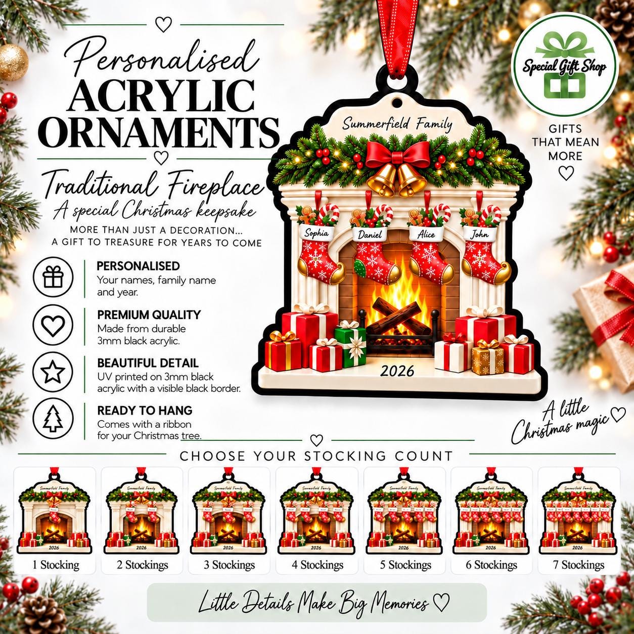 Personalised Traditional Fireplace Christmas Acrylic Ornament – Family Stocking Keepsake