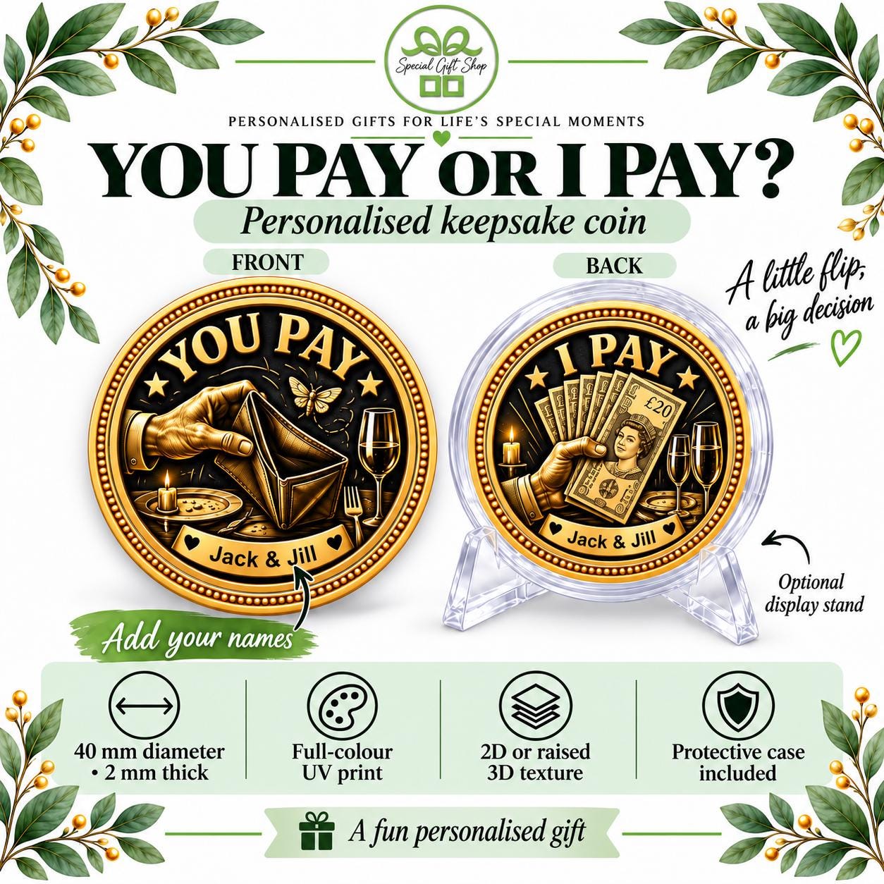 Personalised You Pay I Pay Coin, Funny Decision Coin, Date Night Gift for Couples, Custom Names Keepsake, Anniversary Gift
