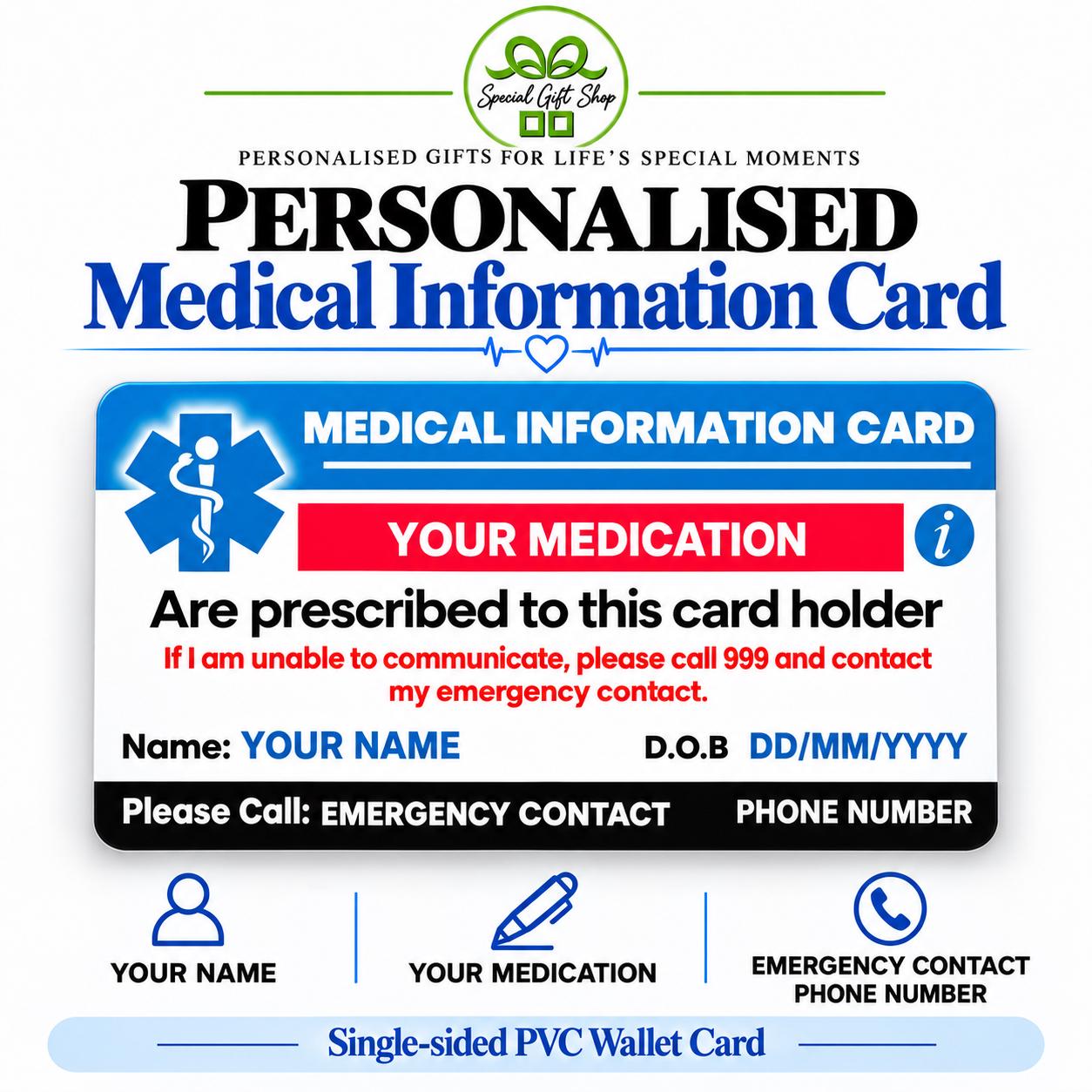 Custom Medical Alert PVC Card - Emergency Contact, Medication Info