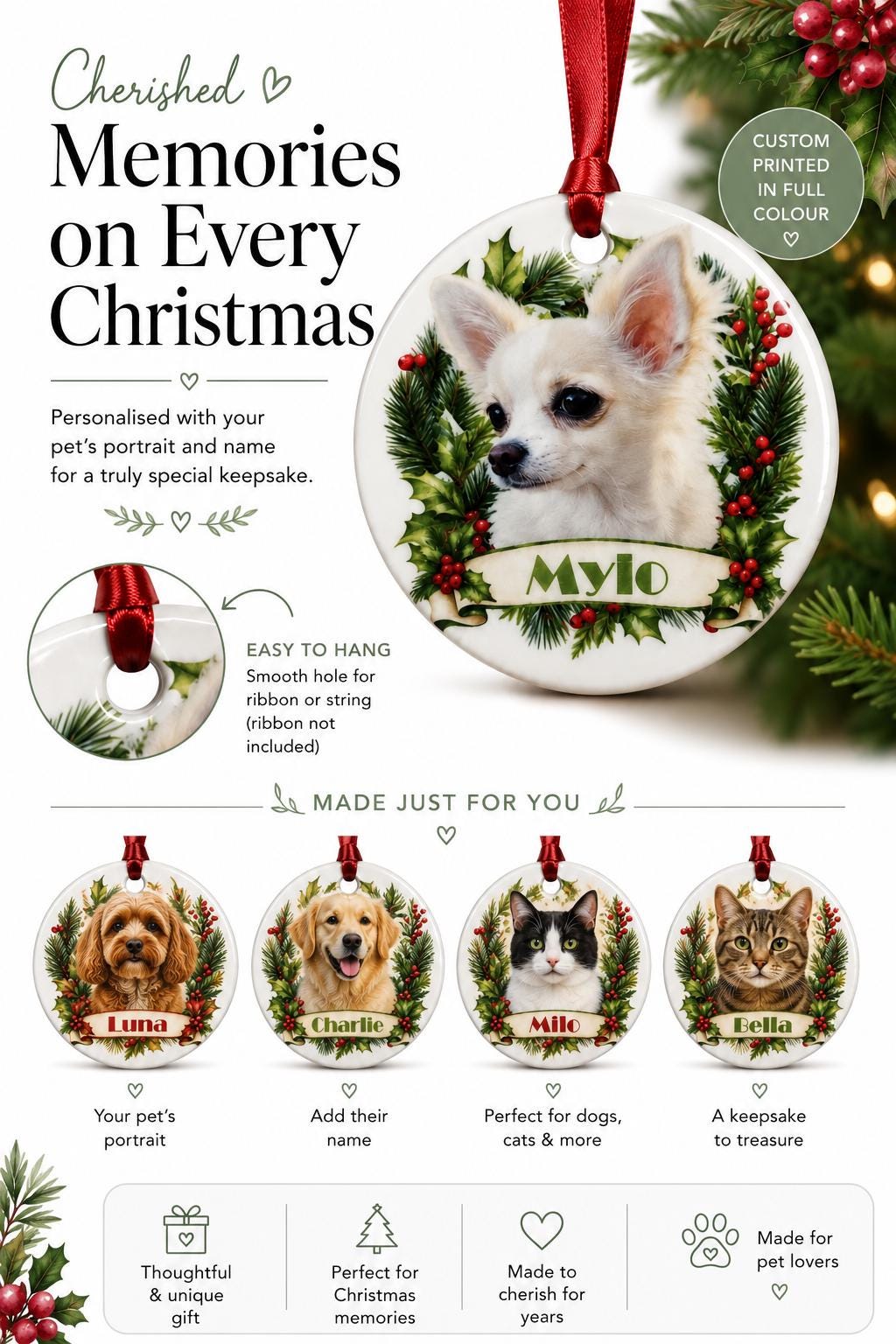Personalised Ceramic Christmas Bauble – Custom Printed with Your Pet’s Portrait & Name