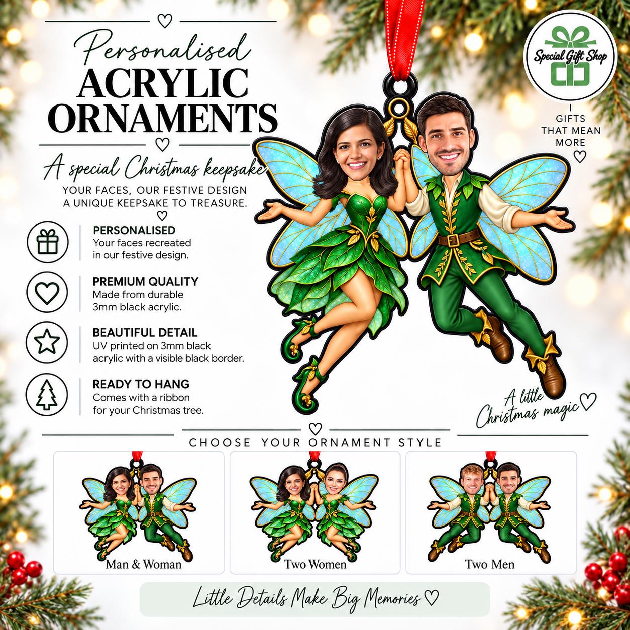 Personalised Fairy Couple Christmas Acrylic Ornament – Custom Face Keepsake