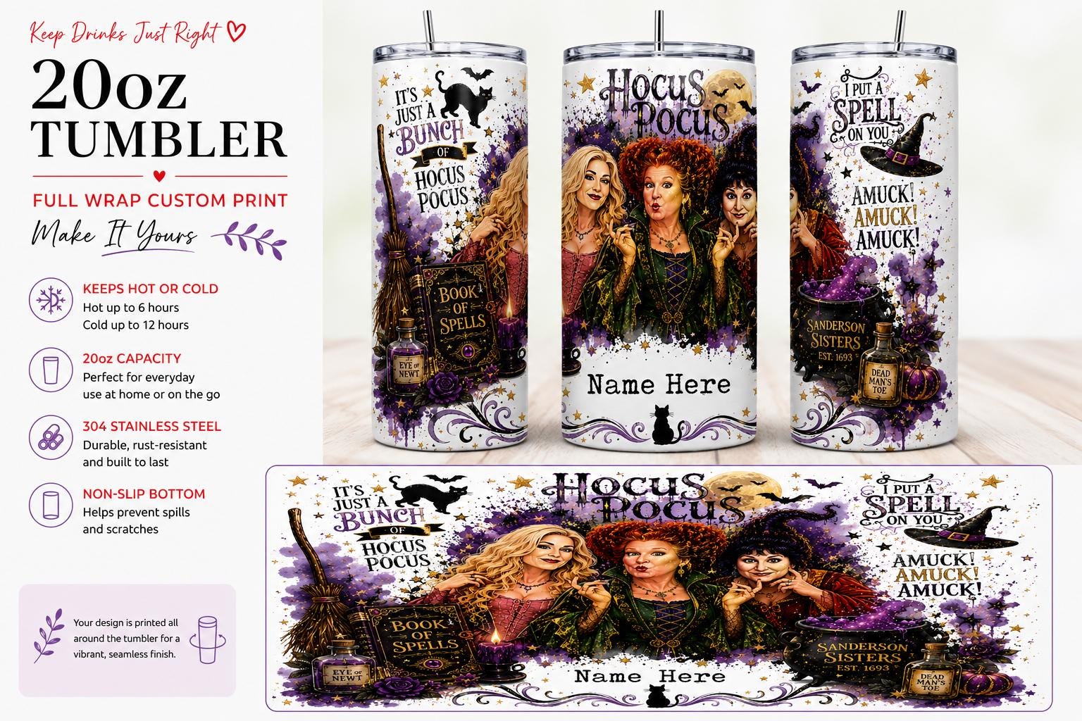 Personalised 20oz Hocus Pocus Witches Tumbler – Full Wrap Custom Name Halloween Cup