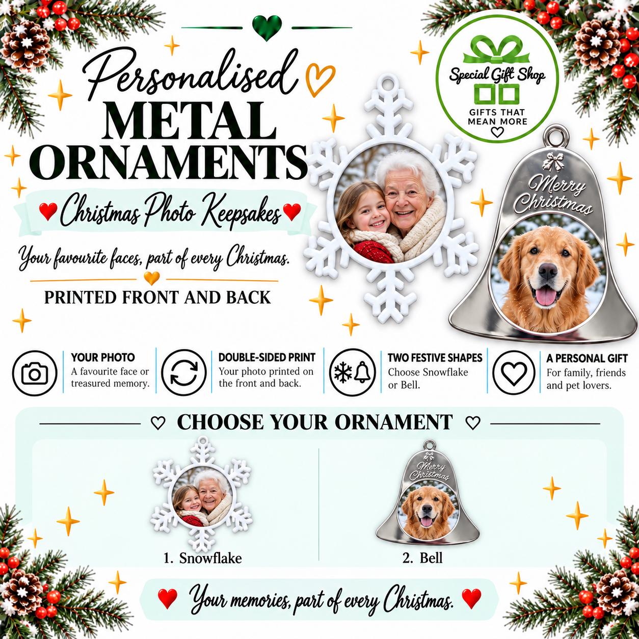 Personalised Photo Christmas Ornament, Double Sided Metal Snowflake or Bell, Family Photo Keepsake, Pet Memorial Gift