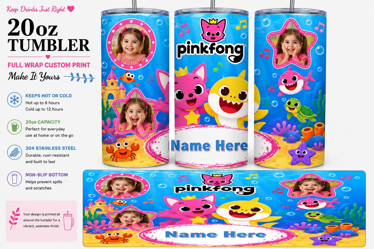 Personalised 20oz Pinkfong Tumbler – Add Name & 3 Photos – Full Wrap Travel Cup