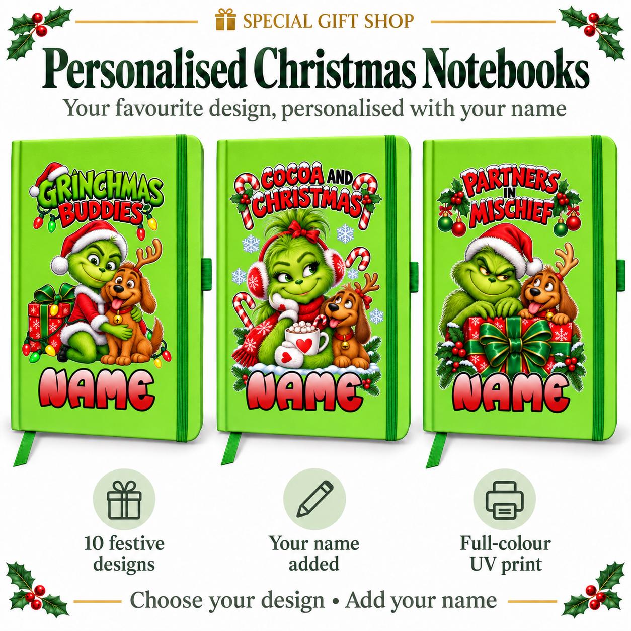 Personalised Grinch Christmas Notebook, Custom Name Green Journal, 10 Festive Designs, Secret Santa Gift, Christmas Stationery