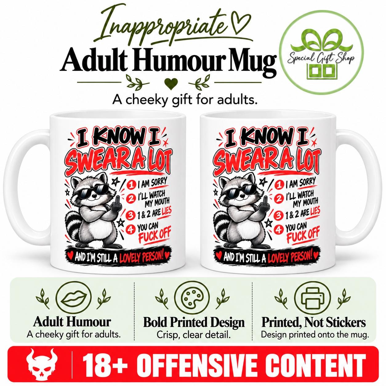 I Know I Swear a Lot Raccoon Mug, Funny Adult Humour Coffee Cup, Rude Birthday Gift, 11oz Ceramic Mug