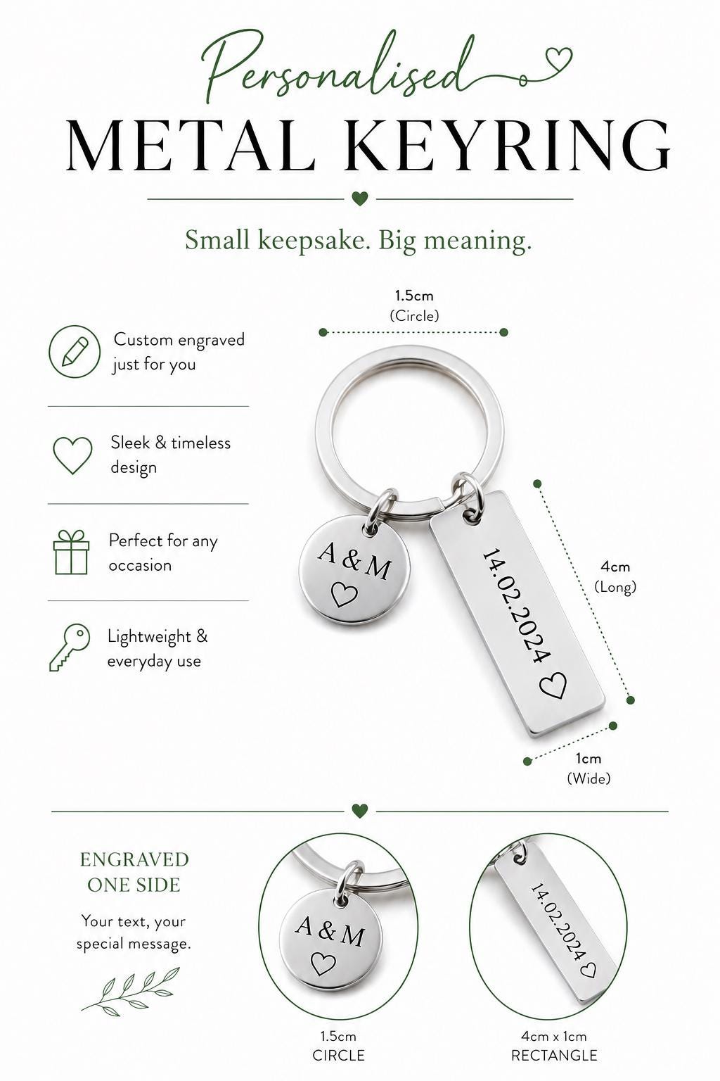 Personalised Engraved Metal Keyring with Round & Rectangle Charms
