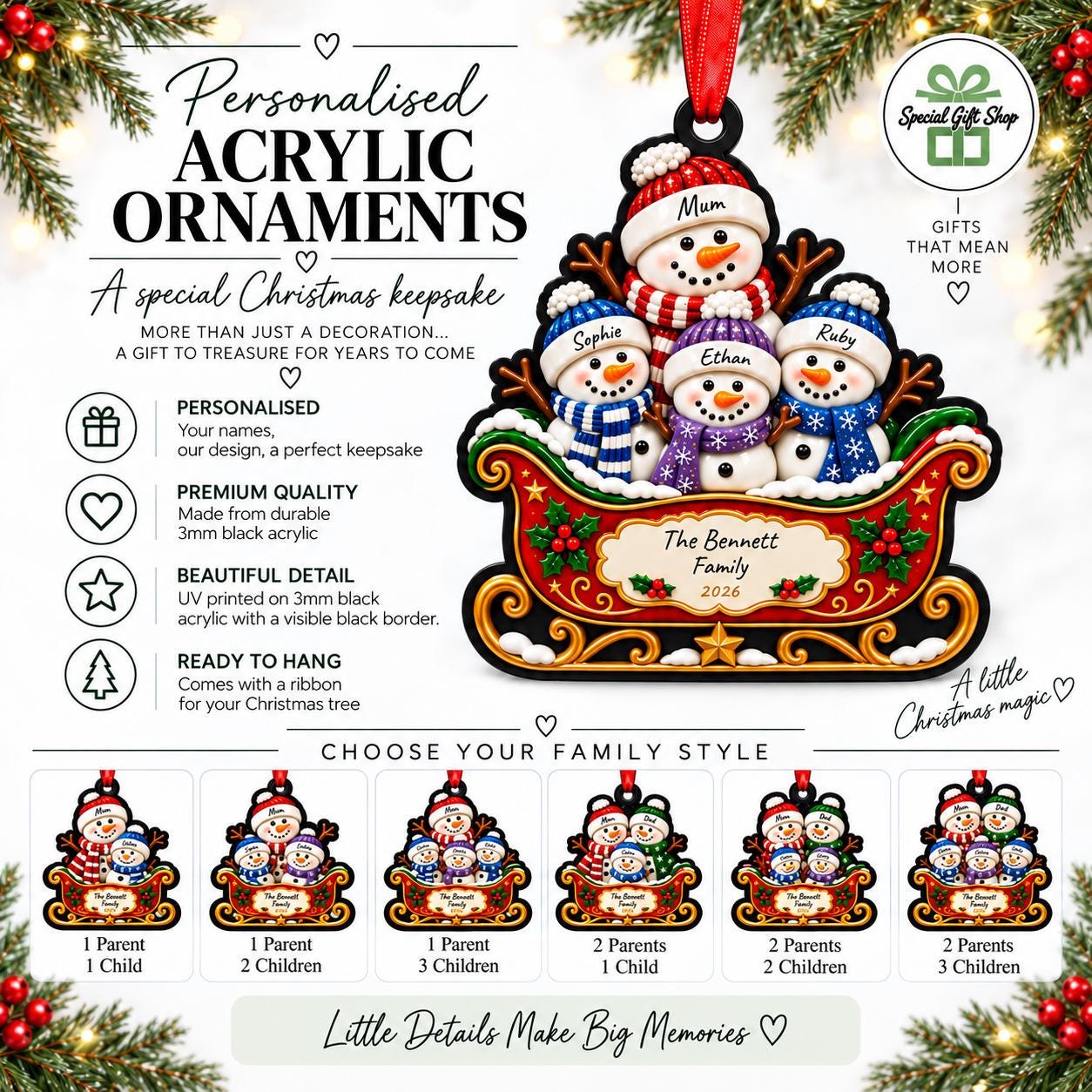 Personalised Family Snowman Christmas Acrylic Ornament – Custom Name Keepsake