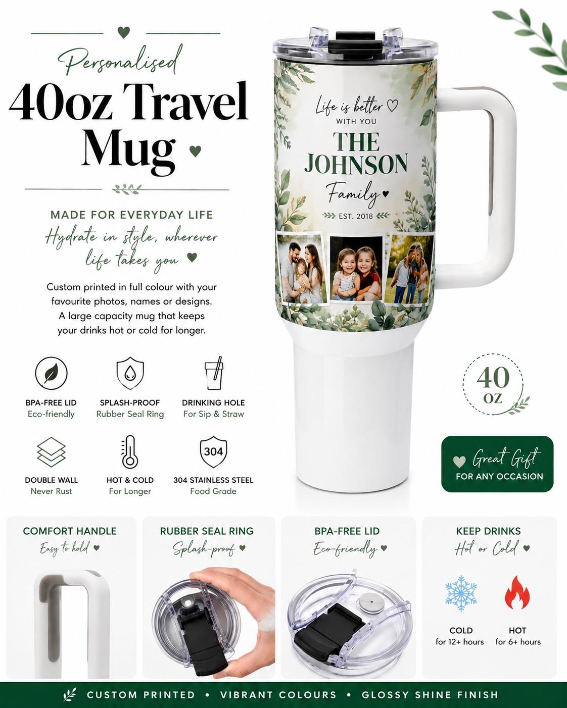 40oz Personalised Stainless Steel Travel Mug with Handle