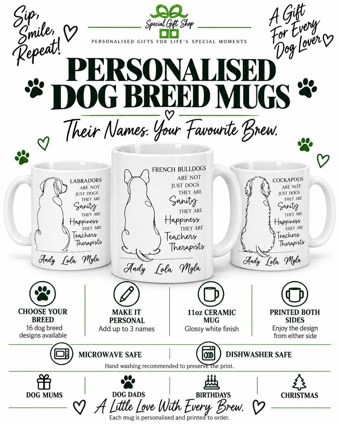 Personalised Dog Breed Mug – Custom Names, 11oz Ceramic Cup, Dog Mum or Dad Gift, Dog Lover Birthday Present