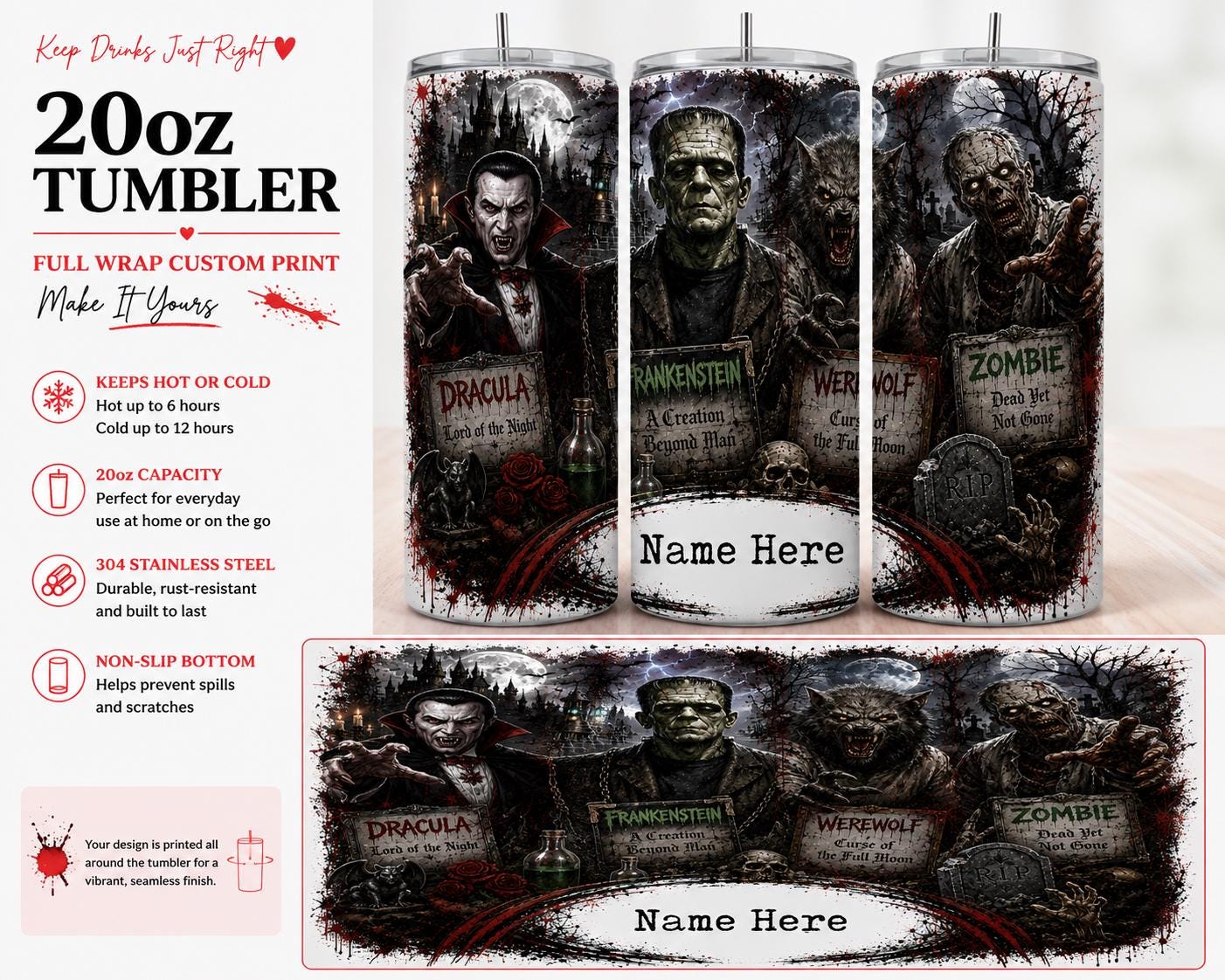 Personalised 20oz Classic Horror Monsters Tumbler – Full Wrap Custom Name Travel Cup