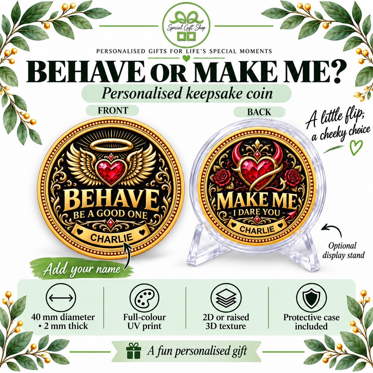 Personalised Behave Make Me Coin, Cheeky Decision Coin, Custom Name Keepsake, Funny Couples Gift, Anniversary or Birthday Gift