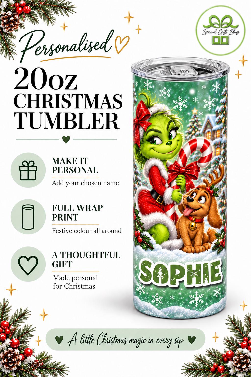 Personalised Grinch Christmas Tumbler, 20oz Custom Name Cup, 11 Festive Designs, Funny Christmas Gift, Secret Santa Present