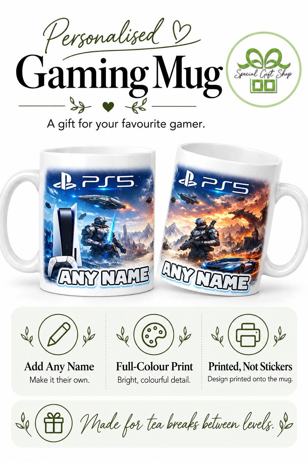 Personalised PS5 Gaming Mug with Any Name – Custom Gamer Coffee Mug – Video Game Gift for Gamers, Teen Gamer Present, Console Gaming Mug