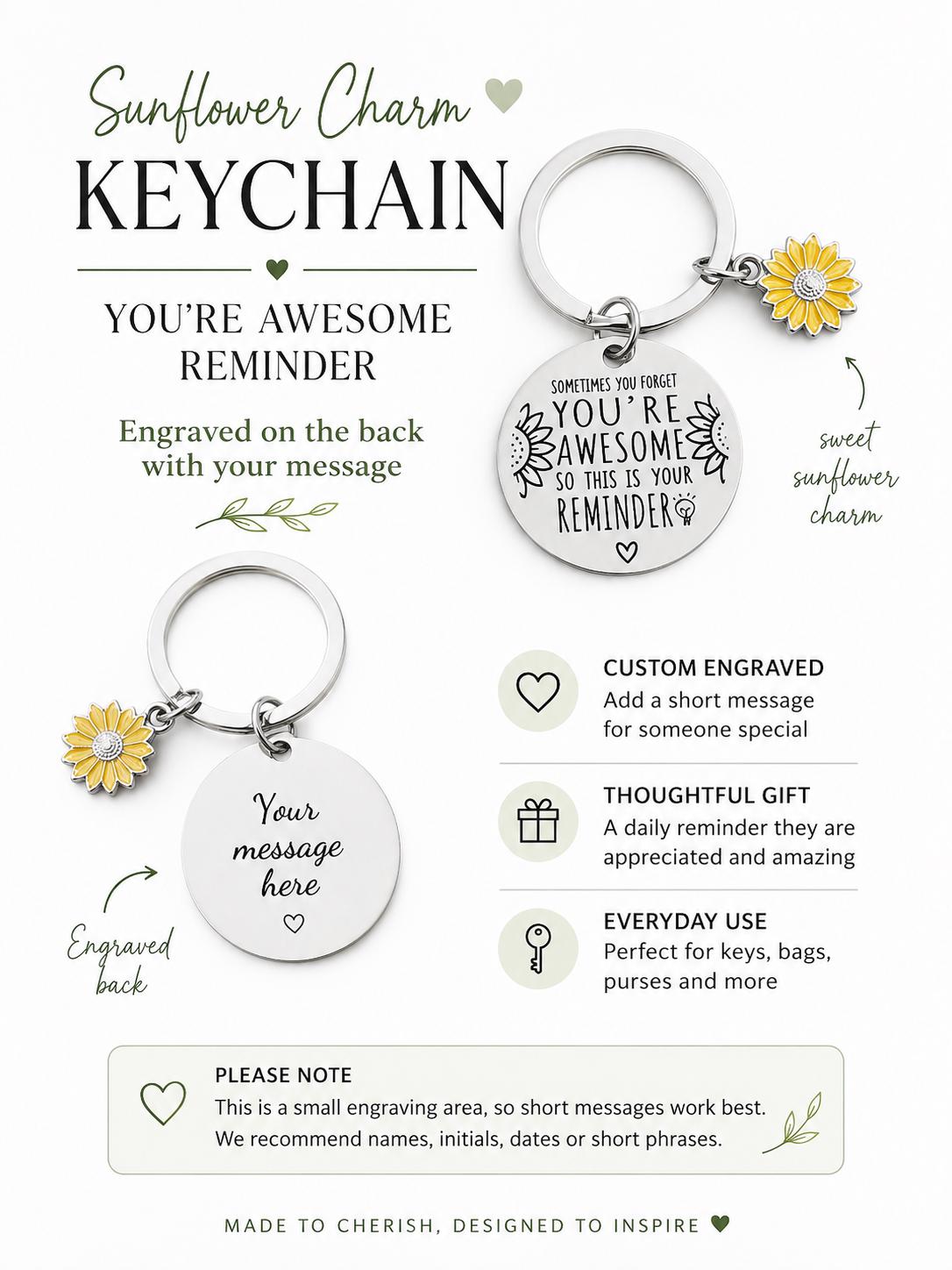 Personalised Engraved Sunflower Charm Keychain: You're Awesome Reminder