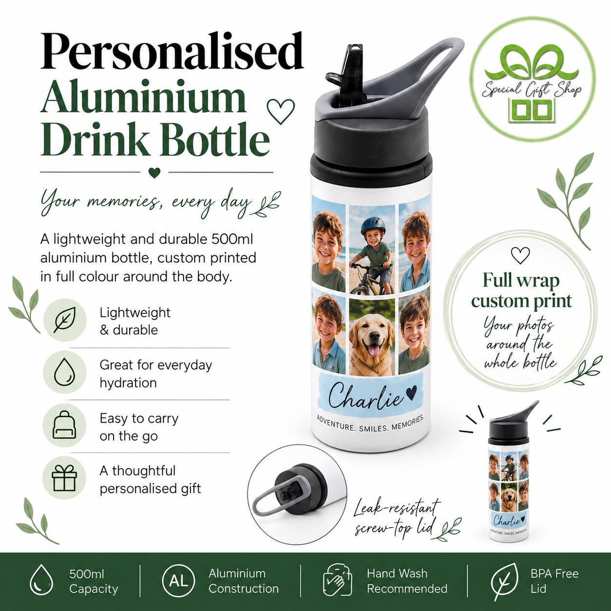 Personalised 500ml Aluminium Drink Bottle (Leak Proof Lid)