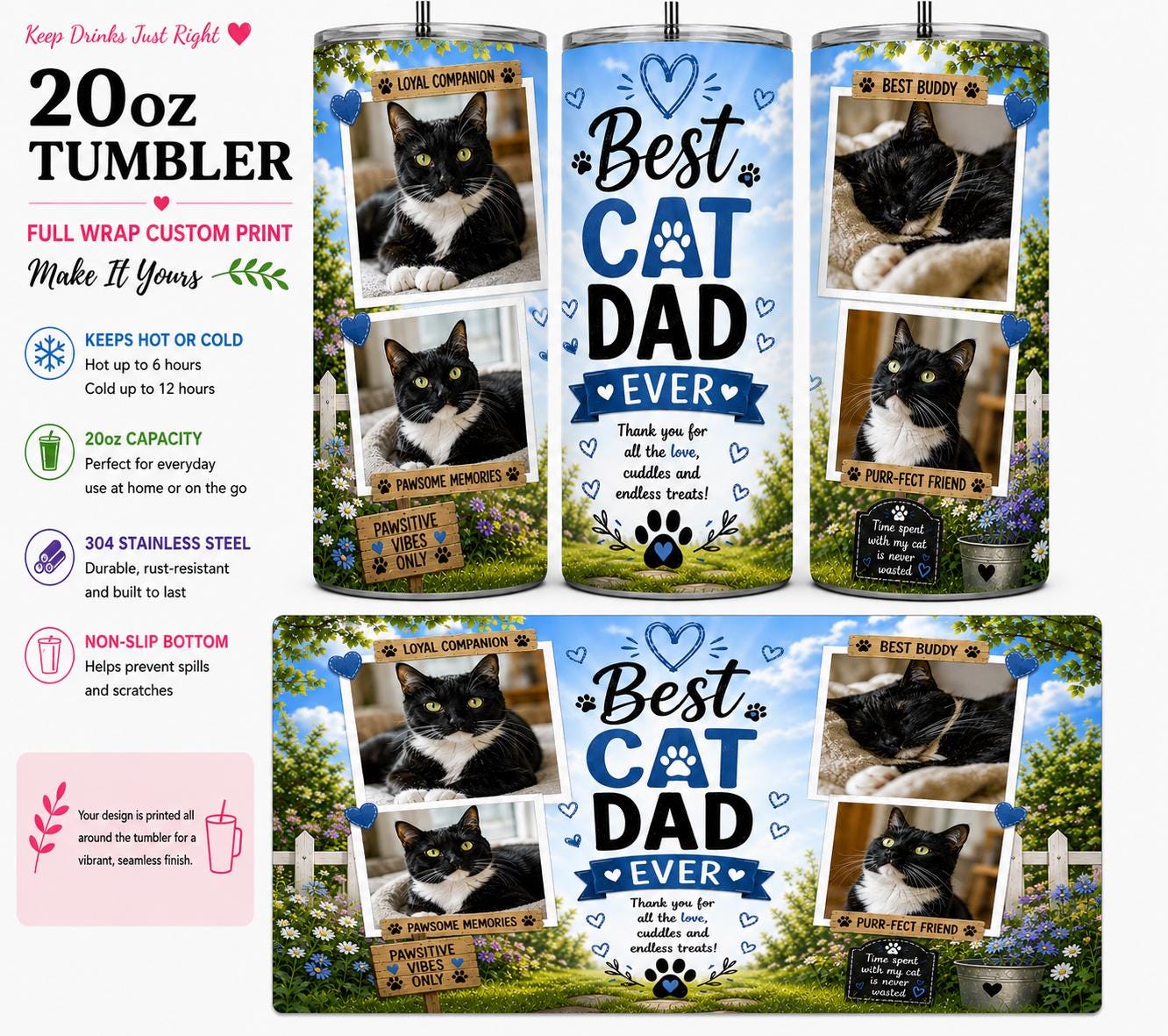 Personalised 20oz Cat Dad Tumbler – Full Wrap Custom Photo Travel Cup