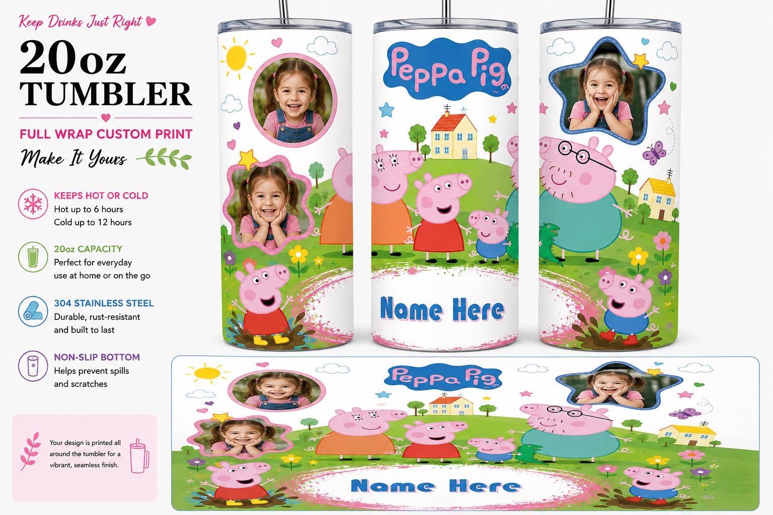 Personalised 20oz Peppa Pig Tumbler – Add Name & 3 Photos – Full Wrap Travel Cup