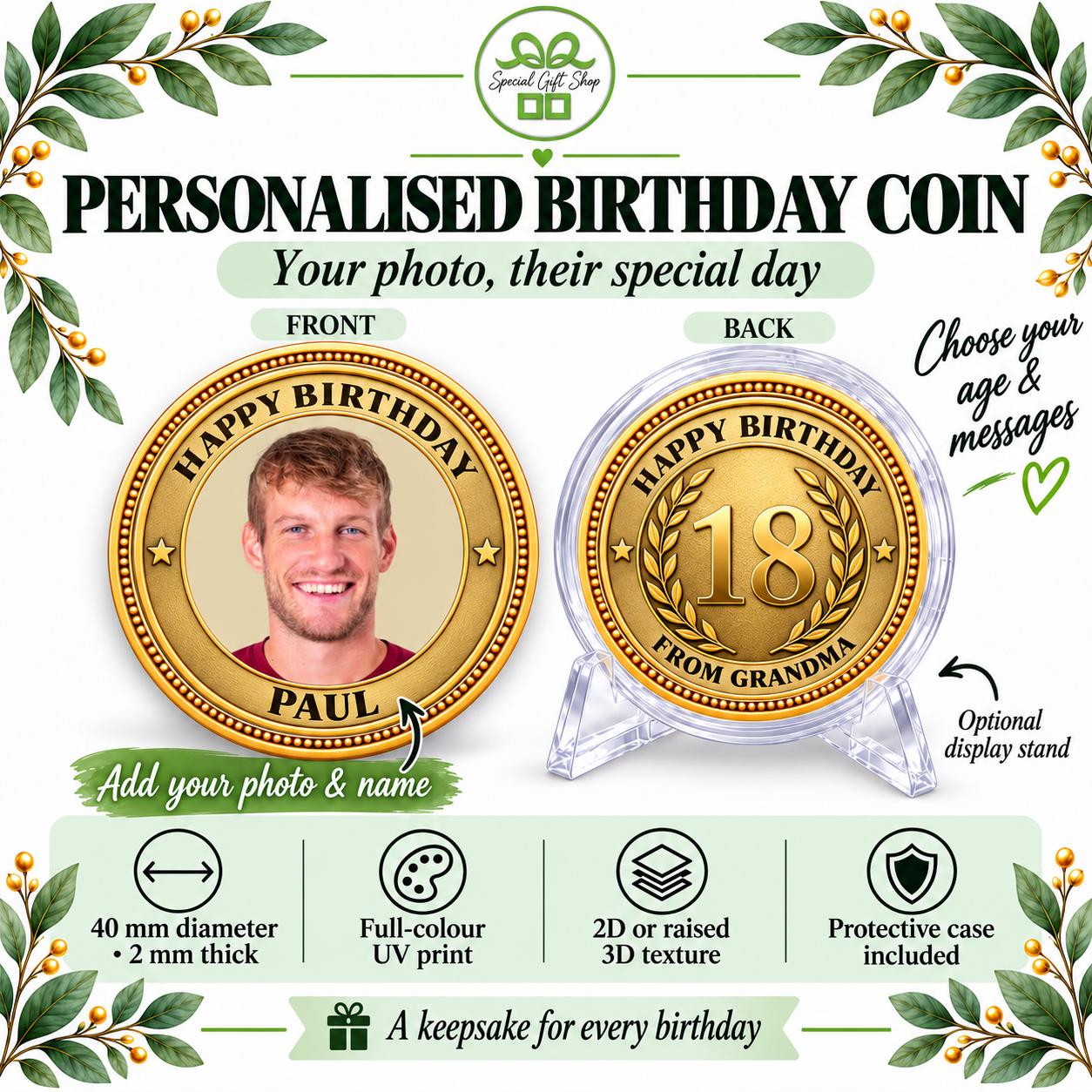 Personalised Birthday Photo Coin, Custom Age Name and Message Keepsake, Milestone Birthday Gift, 18th 21st 30th 40th 50th Birthday