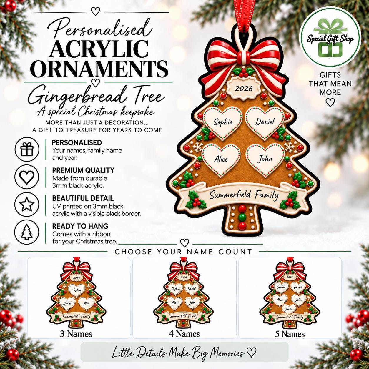 Personalised Gingerbread Christmas Tree Acrylic Ornament – Family Name Keepsake