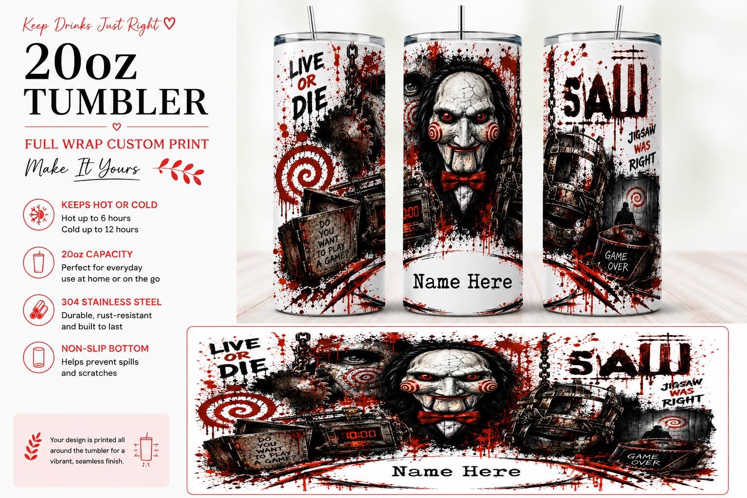 Personalised 20oz Saw Horror Tumbler – Full Wrap Custom Name Travel Cup